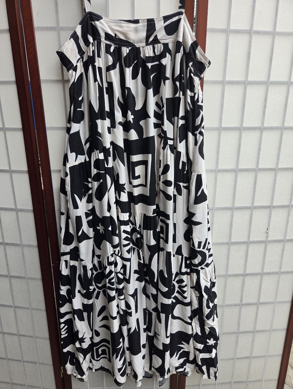 Abel The Label Black & White Graphic Print Tiered Maxi Dress XL Boho Resortwear